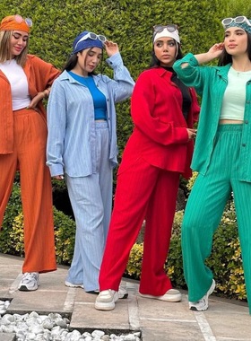 Long-sleeved shirt straight-leg pantsuit长袖衬衫直筒裤套装女