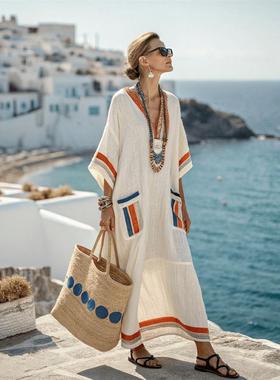 Elegant plus-size printed dress 优雅大码印花长款大摆连衣裙女