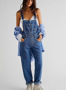 Casual loose jeans with suspenders欧美休闲宽松牛仔背带长裤女