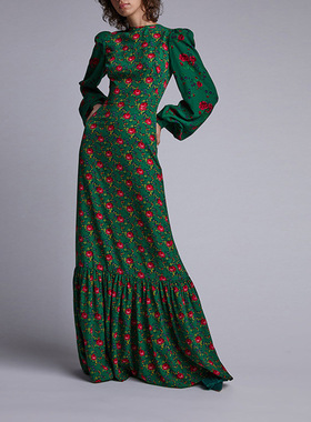 Boho print dress with waist and V-neck波西米亚印花收腰连衣裙