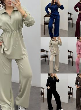 Long-sleeved, fitted top and pants抽绳长袖收腰上衣裤子套装女