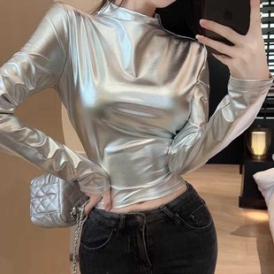 亮面紧身T恤性感辣妹漆皮紧身上衣 tight Bright shirt top 女装