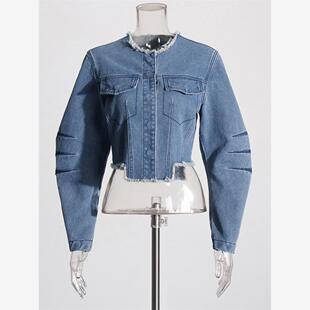 Short jean jacket lady街头收腰显瘦上衣做旧毛须边短款牛仔外套