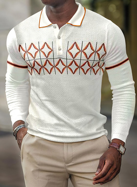 Men's 3Dprinted lapel POLO shirt欧美男士3D印花翻领长袖POLO衫