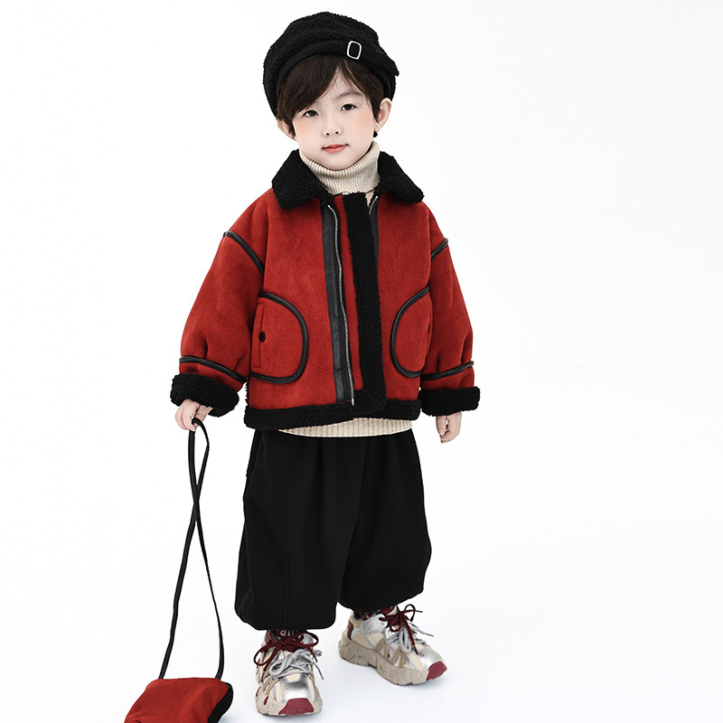 男童外套冬装2025新款儿童装宝宝加绒加厚潮保暖皮毛一体小童皮衣
