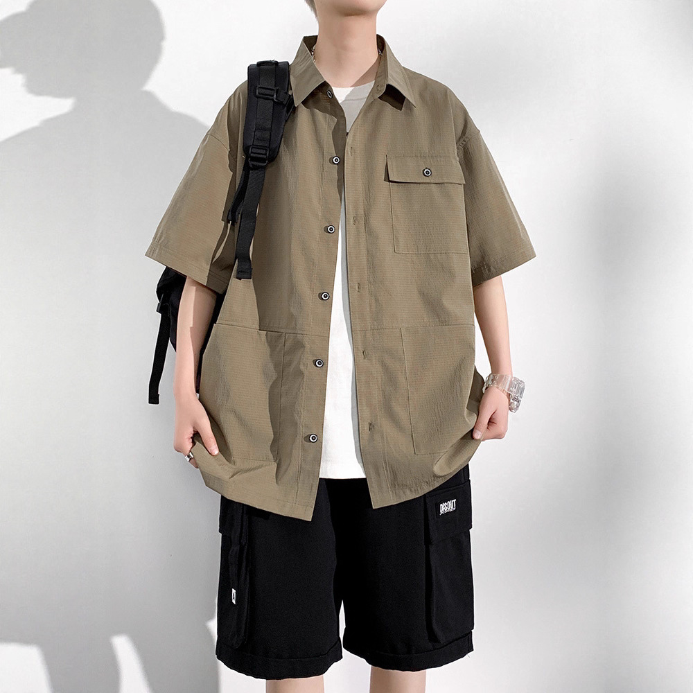 夏季男士大码日系短袖衬衫胖男生加肥加大五分袖休闲上衣衬衣男款