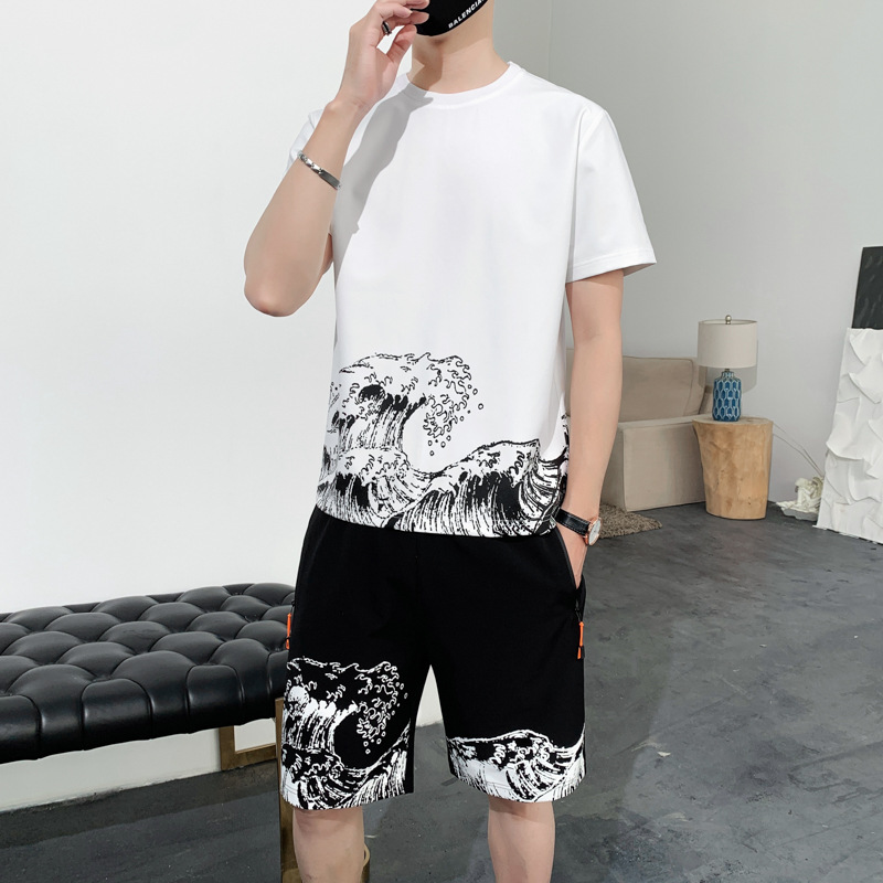 男士大码短袖套装胖子夏季加肥加大休闲运动半袖体恤短裤两件套男