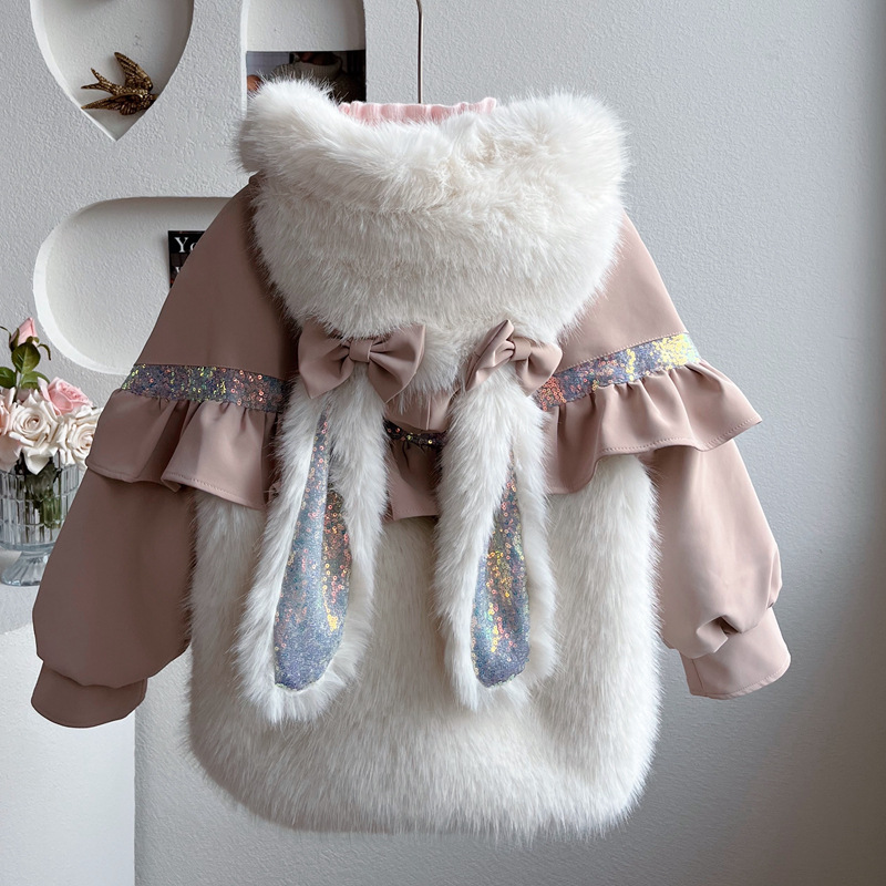 韩版童装冬装女童洋气长耳朵连帽拼接毛毛衣宝宝亮片加绒保暖外套