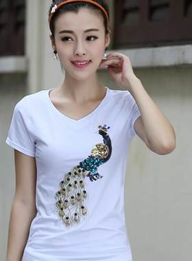 维迩旎 2019新款女装T恤夏季韩版时尚修身气质显瘦V领印花百搭T恤