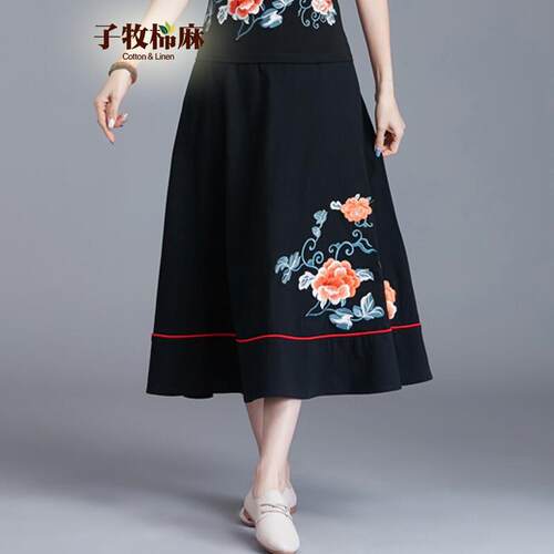 子牧棉麻2019春季新款 女民族风绣花松紧腰古典中长款半身裙8765