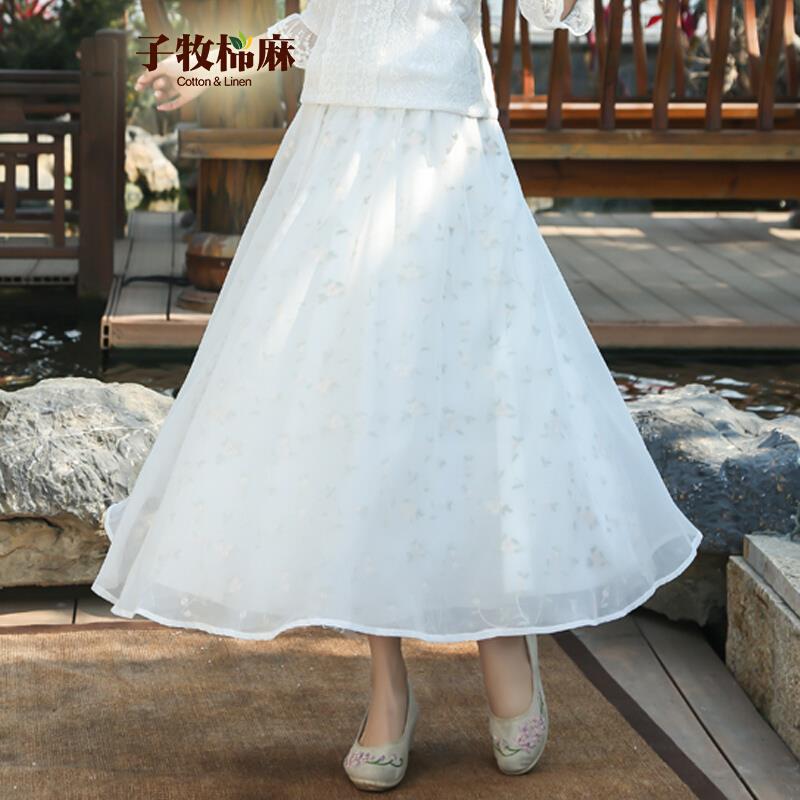 子牧棉麻2019春装新款 女薄纱碎花松紧腰民族风女装半身裙6023 白