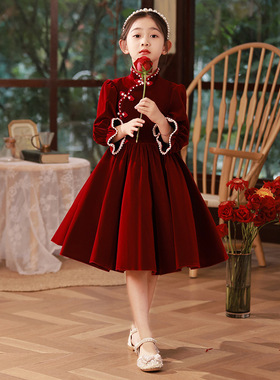 女童拜年红色走秀礼服主持人花童婚礼指挥钢琴演出长袖儿童公主裙