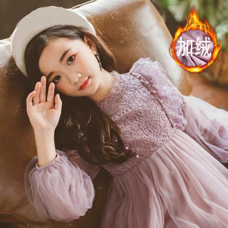 女童连衣裙秋冬2025新款洋气公主裙加绒韩版蕾丝儿童礼服裙