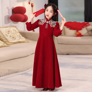 女童礼服长袖公主裙冬季婚礼花童洋气儿童小主持人中式钢琴演出服