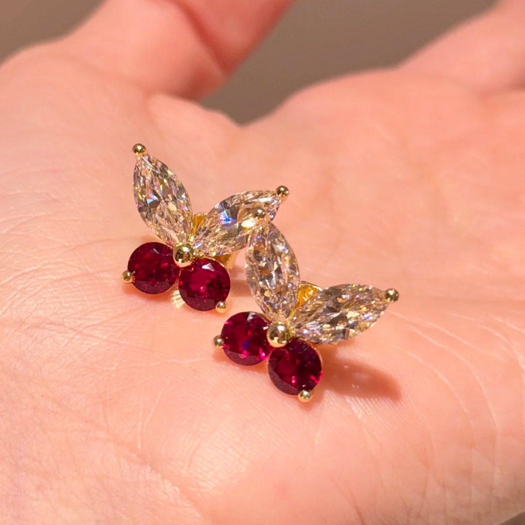 vintage新品超仙蝴蝶结耳钉高碳钻耳饰轻奢满钻黄金色红刚玉耳环