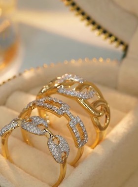 古巴链戒指猪鼻子指环镶钻女戒