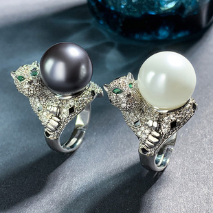 新款设计百搭法式贝珠满钻豪镶豹子气质轻奢珍珠戒指夸张时尚指环