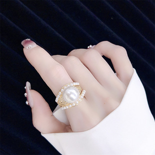 vintage复古夸张珍珠戒指女开口二件套时尚个性潮指环气质百搭ins