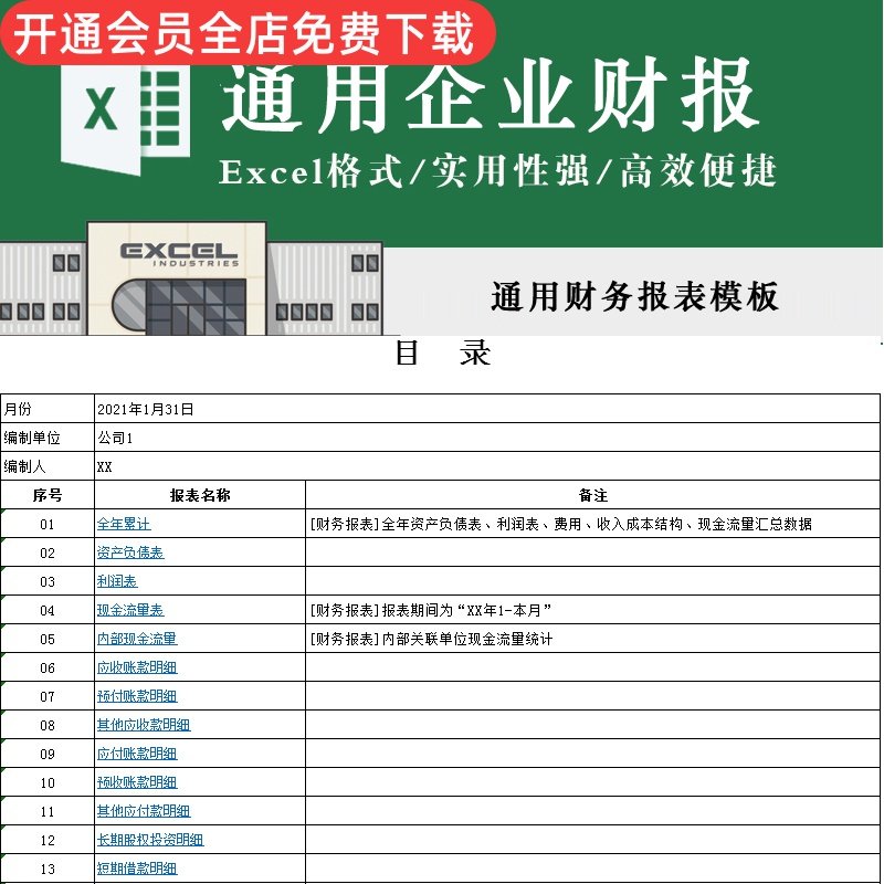 通用企业财务报表模板 适用集团合并报表资产客户产品收入结构excel表