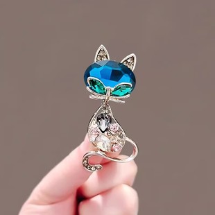 可爱动物别针合金镶钻胸花西装 欧美复古蓝宝石猫咪胸针时尚 配饰品