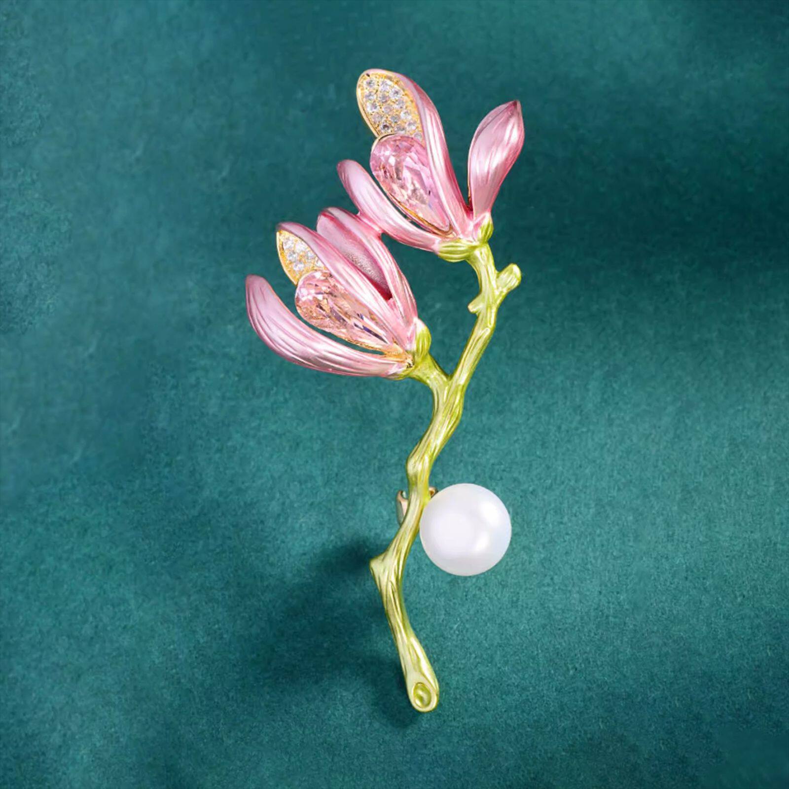 新款复古玉兰花胸针高档女气质珍珠胸花精致高级感花朵水晶别针