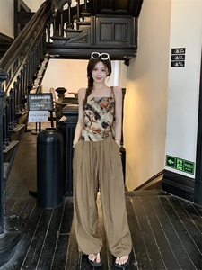 复古油画感蝴蝶结系带露背吊带背心女夏季修身外穿轻薄阔腿直筒裤