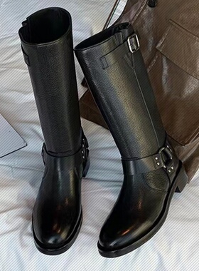 苏茵茵 情迷法兰西~酷飒植鞣牛皮复古皮带扣中筒骑士靴女秋冬