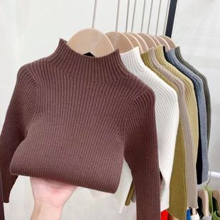 男童保暖毛衣打底衫2024秋季新款儿童纯色半高领上衣女孩弹力童装