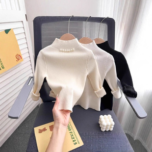 秋冬女童装毛衣宝宝洋气儿童个性潮韩版半高领珍珠纯色时髦针织衫