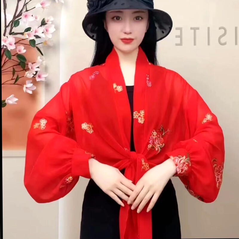 2022夏天新款防晒衣女雪纺披肩防紫外线洋气刺绣外套配裙子小开衫