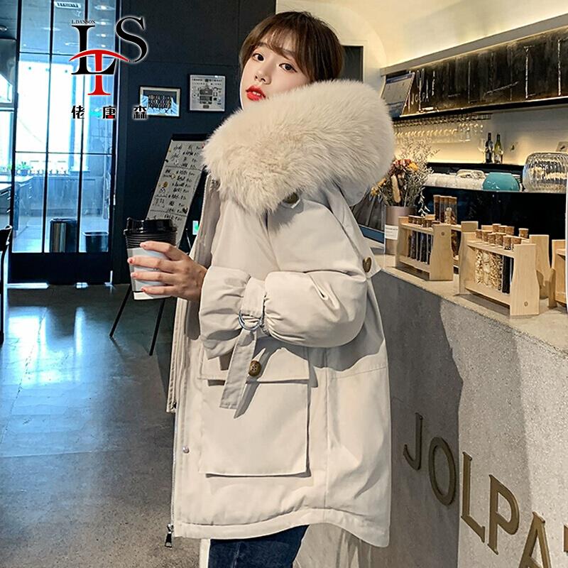佬唐森棉服女冬韩版中长款大毛领派克棉衣棉袄女2020冬季新款港风