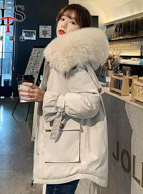 佬唐森棉服女冬韩版中长款大毛领派克棉衣棉袄女2020冬季新款港风