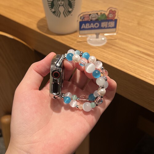 原创表带猫眼石适用ApplewatchSE苹果手表弹力绳高级iwatch表带女