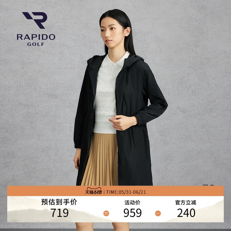 RAPIDO睿必度春夏女士高尔夫GOLF长款简约连帽风衣外套雳霹道