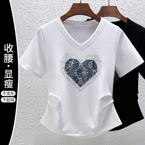 夏季新款白色重工烫钻短袖