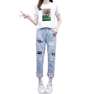 欧洲站时尚韩版夏装2023新款短袖T恤+破洞九分牛仔裤两件套女学生