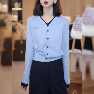 2025年新款 女秋冬毛衣开衫 韩系减龄气质上衣 针织衫 蓝色假两件长袖