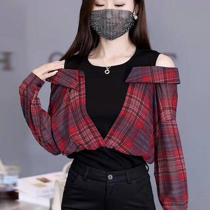 假两件格子衬衫女2025秋季新款今年流行露肩设计感小众长袖上衣潮