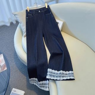丹宁蓝直筒牛仔裤女2025新款春季爆款蕾丝拼接小个子九分阔腿裤子