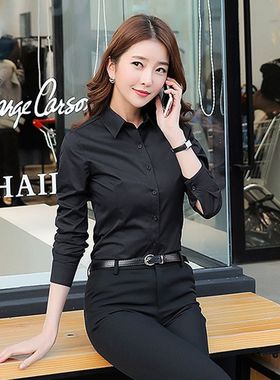 韩版修身款黑色衬衣女长袖女士衬衫职业装OL大码女装简约春夏新品