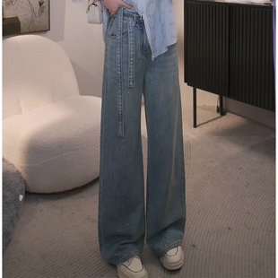 2025春季新款重工满钻窄版直筒裤女系带设计高腰宽松满天星牛仔裤