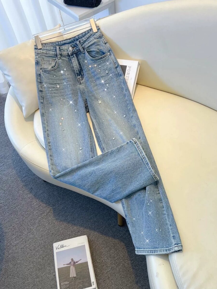 欧货烫钻星星吊坠设计感高腰水洗牛仔裤女夏季宽松显瘦百搭直筒裤