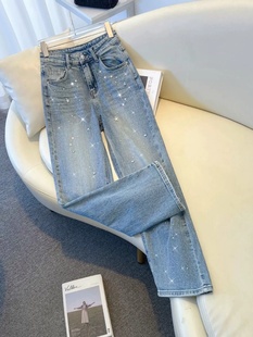 宽松显瘦百搭直筒裤 欧货烫钻星星吊坠设计感高腰水洗牛仔裤 女夏季