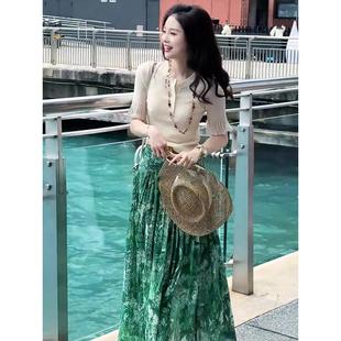 两件套女 爆款 复古绿色碎花裙子花边短袖 高端气质优雅名媛2025夏季