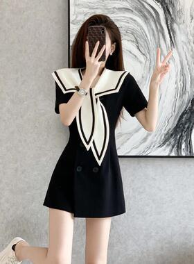 洋气修身2024扣双排小黑色香风显瘦夏季小个子新款连衣裙短袖气质