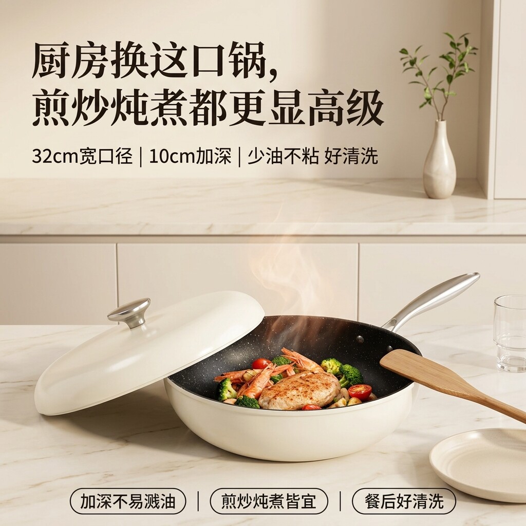 鹅卵石不沾锅家用麦饭石锅炒锅电磁炉炒锅瓦斯炉平底锅珐瑯锅