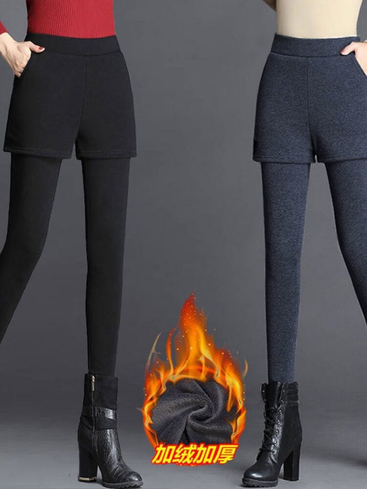 벨벳과 도톰한 여성용 페이크 투피스 레깅스 아우터용 큐로트 슬림핏 레깅스 하이웨이스트 웜팬츠 엄마의 패션센스