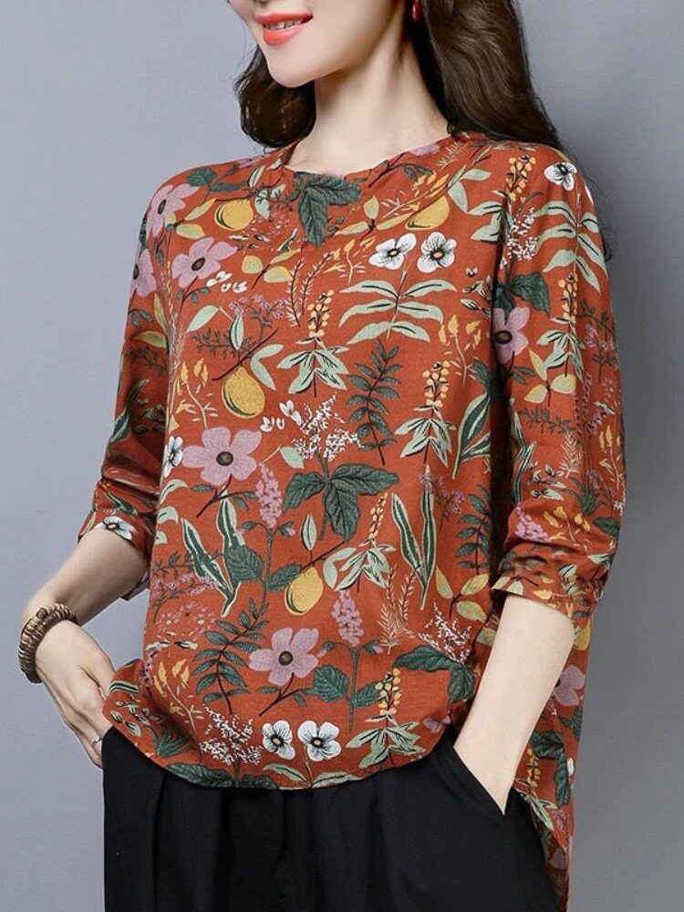 여성용 꽃무늬 긴팔 티셔츠 봄 가을 큰 사이즈 중년 엄마 복장 패셔너블한 하의 셔츠 문예 스타일 상의 트렌디한 신스타일