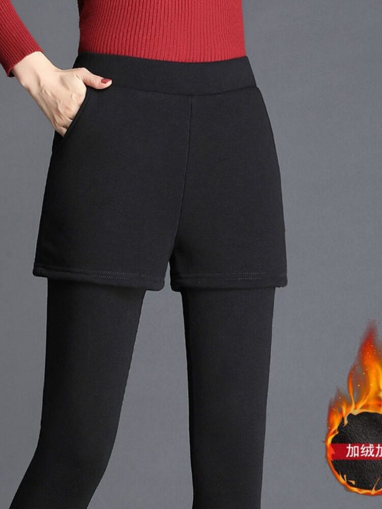 벨벳과 도톰한 여성용 페이크 투피스 레깅스 아우터용 큐로트 슬림핏 레깅스 하이웨이스트 웜팬츠 엄마의 패션센스