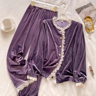 高级感金丝钻绒睡衣女春秋冬季娃娃领长袖长裤法式甜美家居服套装